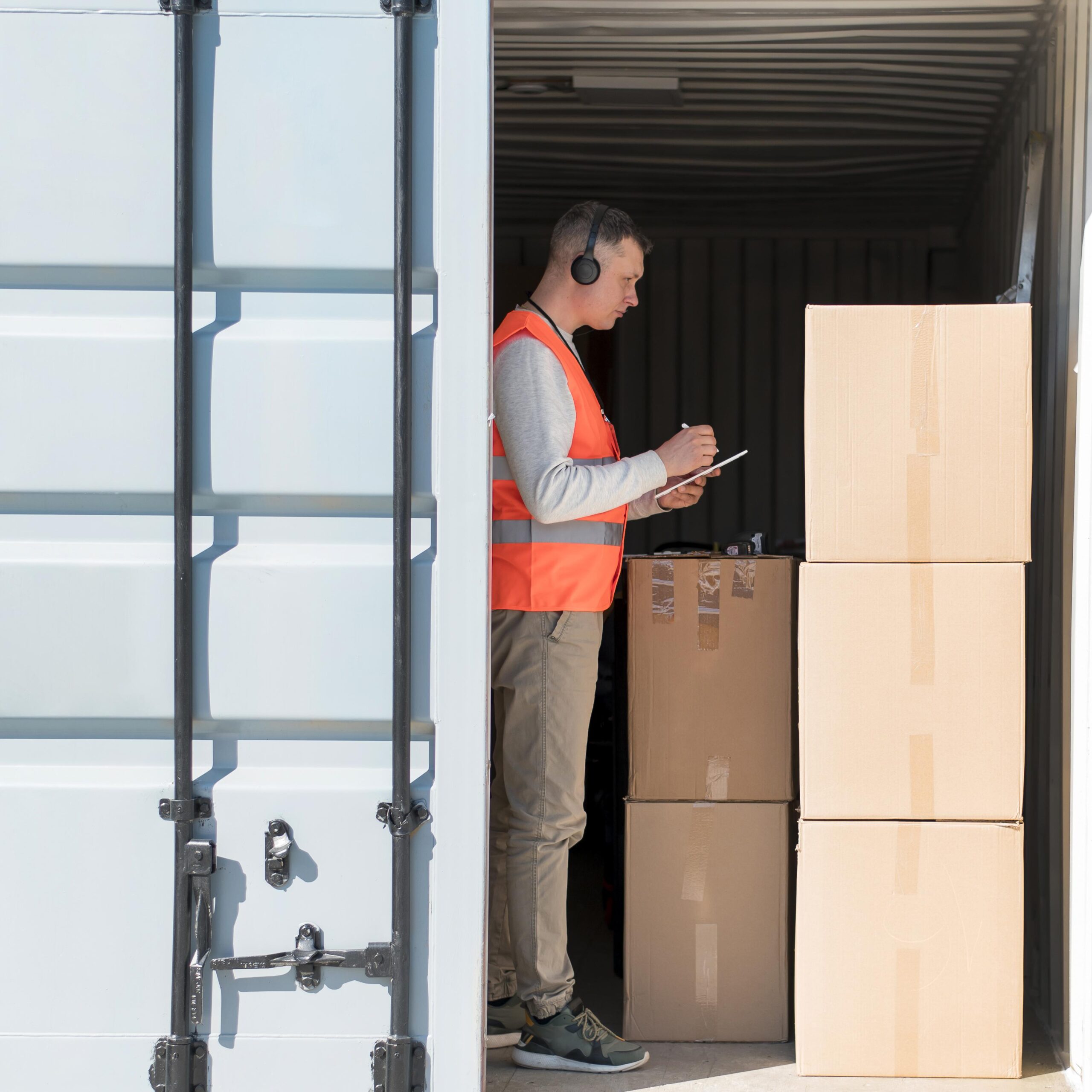 A worker wearing headphones and an orange safety vest stands inside a shipping container, taking notes on a clipboard amidst stacked boxes.