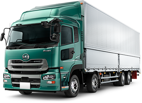 UD Trucks Quon green heavy-duty commercial truck with large cargo trailer, high-roof cab, aerodynamic design, and multiple rear axles for long-distance freight transport.
