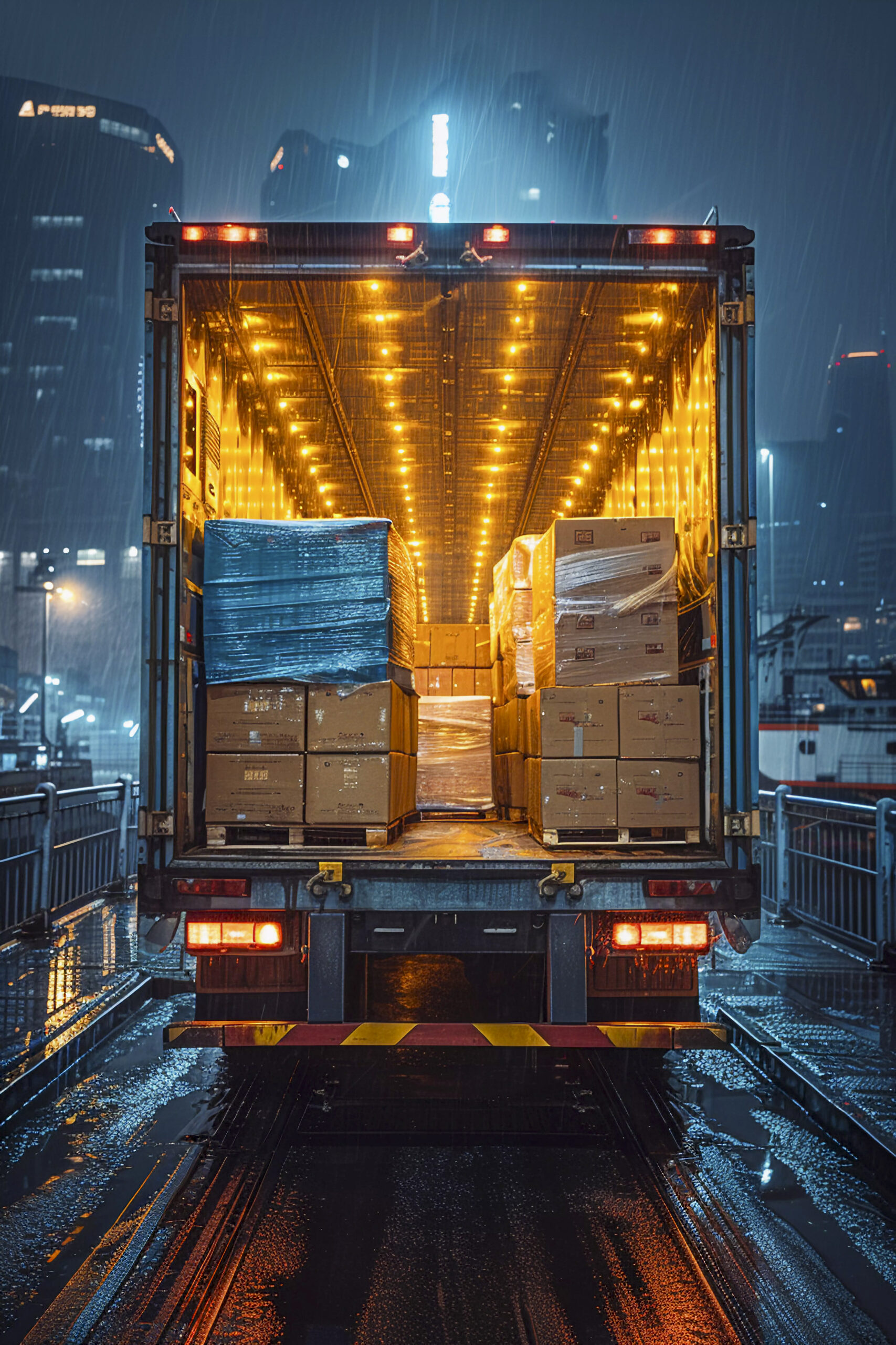 The rear view of a semi-trailer truck with its back door open, revealing a brightly lit interior packed with boxes and goods, on a wet street at night.