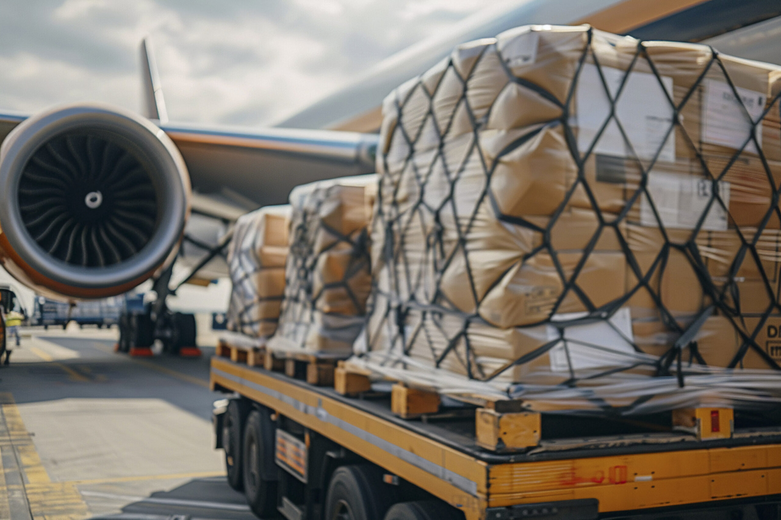Cargo wrapped in netting is being transported on a flatbed vehicle next to a jet engine at an airport, ready for air freight loading.